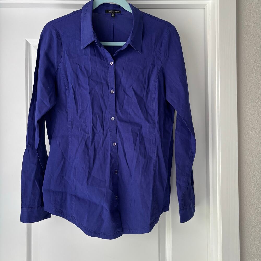 Eileen Fisher Petite Medium Linen / Viscose Collared Button Up Royal Blue EUC